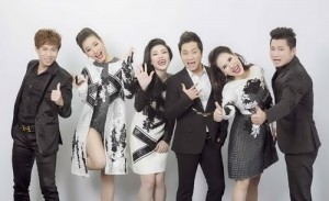 Các thí sinh cũng là những ca sĩ khá quen thuộc (từ trái sang): Hồ Việt Trung, Jolie Phương Trinh, Uyên Trang, Duy Trường, Hồng Mơ và Lâm Vũ