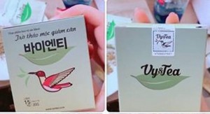 Trà thảo mộc Vy&Tea thật (bên phải) không có chữ Hàn Quốc và trà thảo mộc Vy & Tea nhái có chữ Hàn Quốc