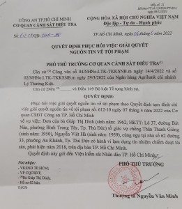 Quyết định 612-09/QĐ-CSHS-Đ8 ngày 6/6/2022 của Cơ quan CSĐT Công an TP Hồ Chí Minh “phục hồi việc giải quyết nguồn tin tố giác tội phạm”