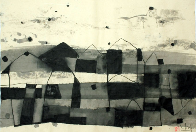 Phố xá 6 - tranh giấy dó của Tào Linh