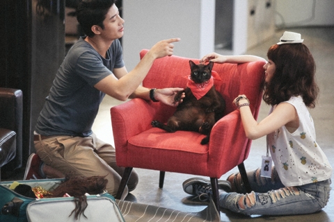 Hai nhân vật chính cùng chú Mèo ú trong phim