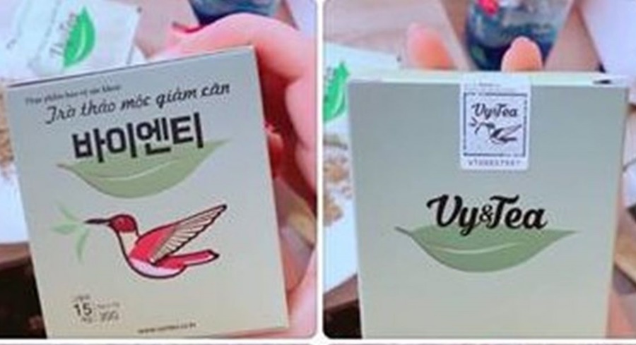 Trà thảo mộc Vy&Tea thật (bên phải) không có chữ Hàn Quốc và trà thảo mộc Vy & Tea nhái có chữ Hàn Quốc