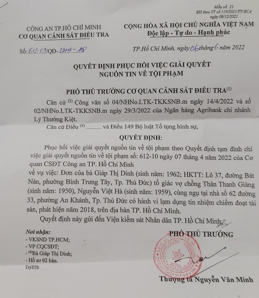 Quyết định 612-09/QĐ-CSHS-Đ8 ngày 6/6/2022 của Cơ quan CSĐT Công an TP Hồ Chí Minh “phục hồi việc giải quyết nguồn tin tố giác tội phạm”