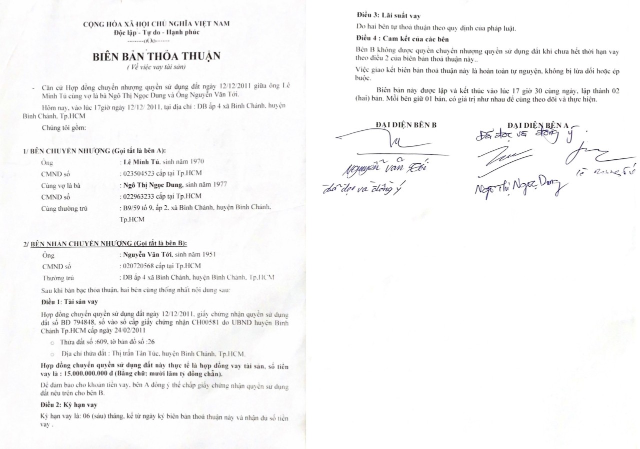 Biên bản thỏa thuận về việc vay tài sản ngày 12-12-2011