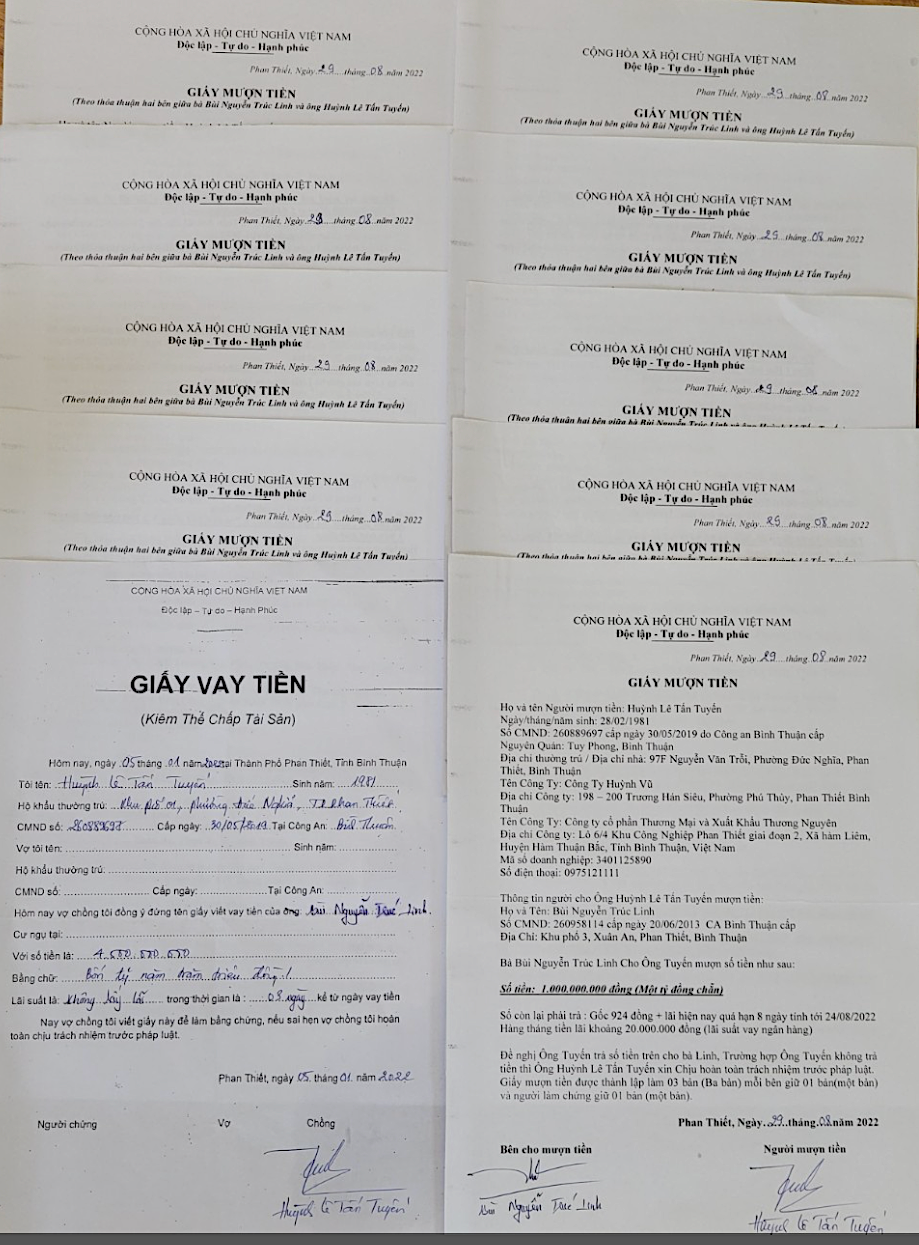 Các giấy mượn tiền được ông Huỳnh Lê Tấn Tuyến ký xác nhận, nhờ bà Linh vay mượn giùm