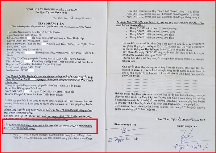 Một “Giấy mượn tiền” do ông Huỳnh Lê Tấn Tuyến kí xác nhận đã nhờ chị Bùi Nguyễn Trúc Linh vay mượn tiền giùm